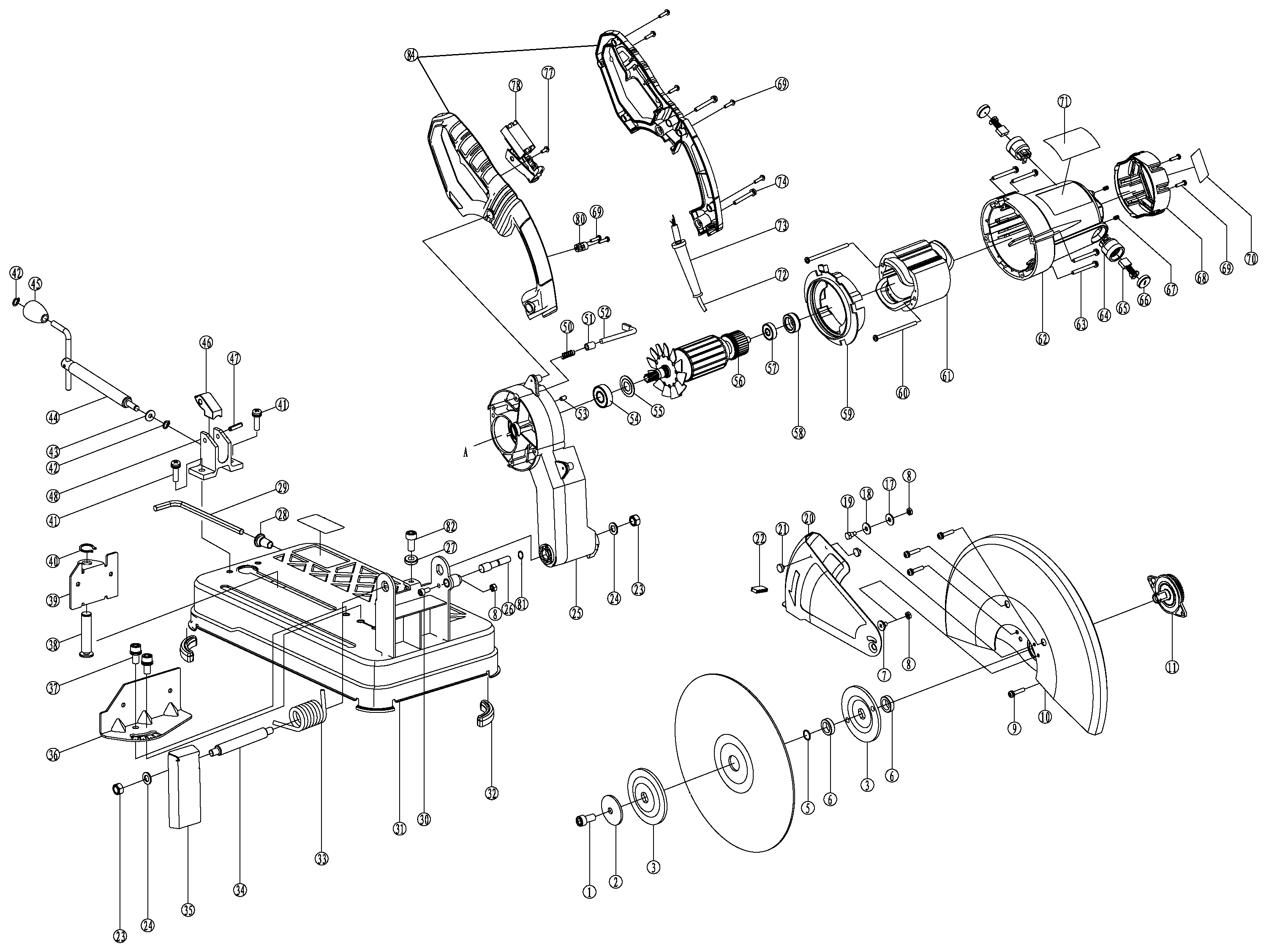 Default Diagram and Parts List for PCE700 Type 1 Porter Cable Chop Saw